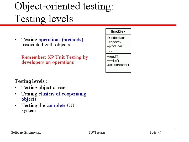 Object-oriented testing: Testing levels • Testing operations (methods) associated with objects Remember: XP Unit