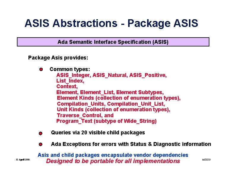 ASIS Abstractions - Package ASIS Ada Semantic Interface Specification (ASIS) Package Asis provides: Common