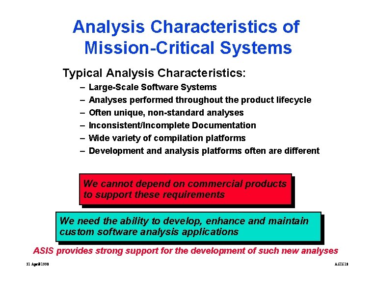 Analysis Characteristics of Mission-Critical Systems Typical Analysis Characteristics: – – – Large-Scale Software Systems