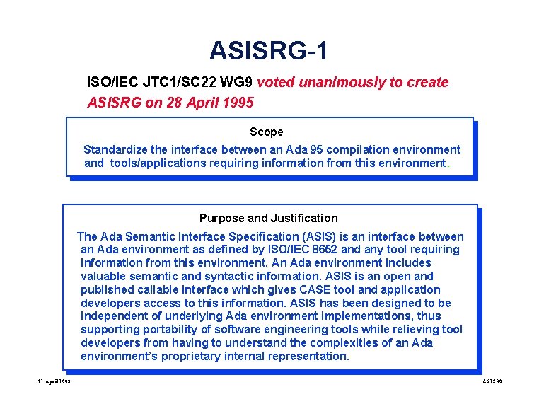 ASISRG-1 ISO/IEC JTC 1/SC 22 WG 9 voted unanimously to create ASISRG on 28