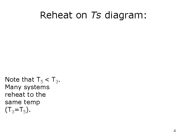 Reheat on Ts diagram: Note that T 5 < T 3. Many systems reheat