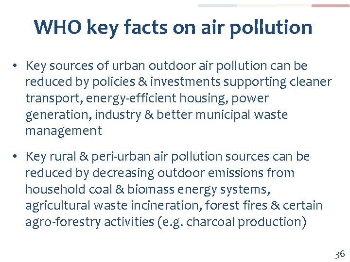 WHO key facts on air pollution • Key sources of urban outdoor air pollution