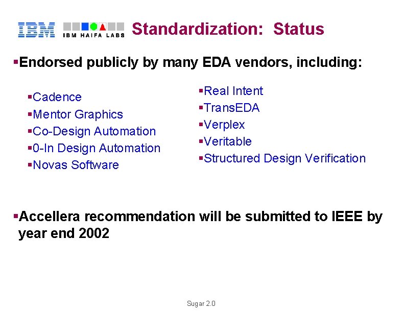 Standardization: Status §Endorsed publicly by many EDA vendors, including: H §RCadence §LMentor Graphics §Co-Design