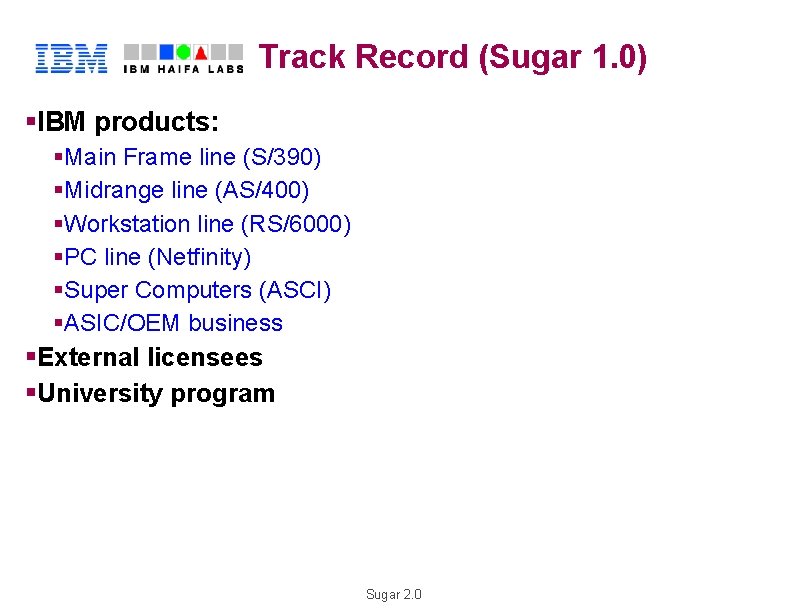 Track Record (Sugar 1. 0) §IBM products: H §Main Frame line (S/390) §RMidrange line