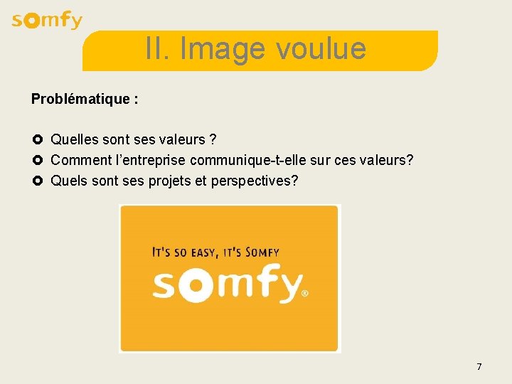 II. Image voulue Problématique : £ Quelles sont ses valeurs ? £ Comment l’entreprise II. Image voulue Problématique : £ Quelles sont ses valeurs ? £ Comment l’entreprise