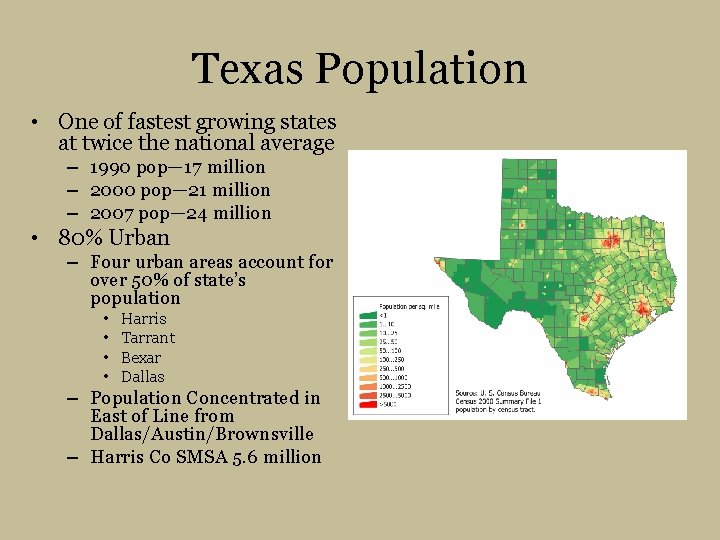 Texas Population • One of fastest growing states at twice the national average –