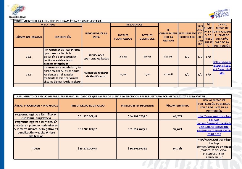 CUMPLIMIENTO DE LA EJECUCIÓN PROGRAMÁTICA Y PRESUPUESTARIA META POA Número del Indicador 12. 1