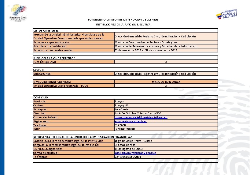 FORMULARIO DE INFORME DE RENDICION DE CUENTAS INSTITUCIONES DE LA FUNCION EJECUTIVA DATOS GENERALES