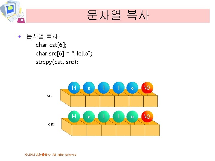 문자열 복사 · 문자열 복사 char dst[6]; char src[6] = “Hello"; strcpy(dst, src); H