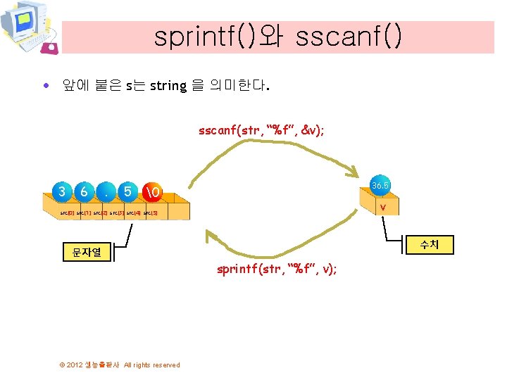 sprintf()와 sscanf() · 앞에 붙은 s는 string 을 의미한다. sscanf(str, “%f”, &v); 3 6