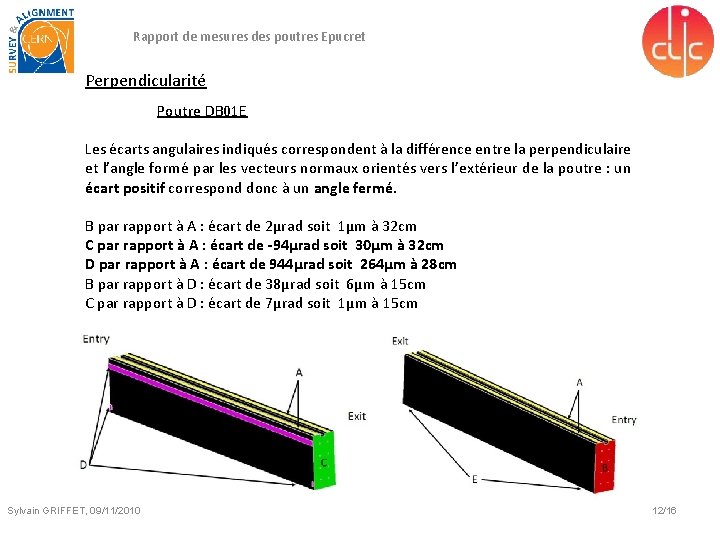 Rapport de mesures des poutres Epucret Perpendicularité Poutre DB 01 E Les écarts angulaires