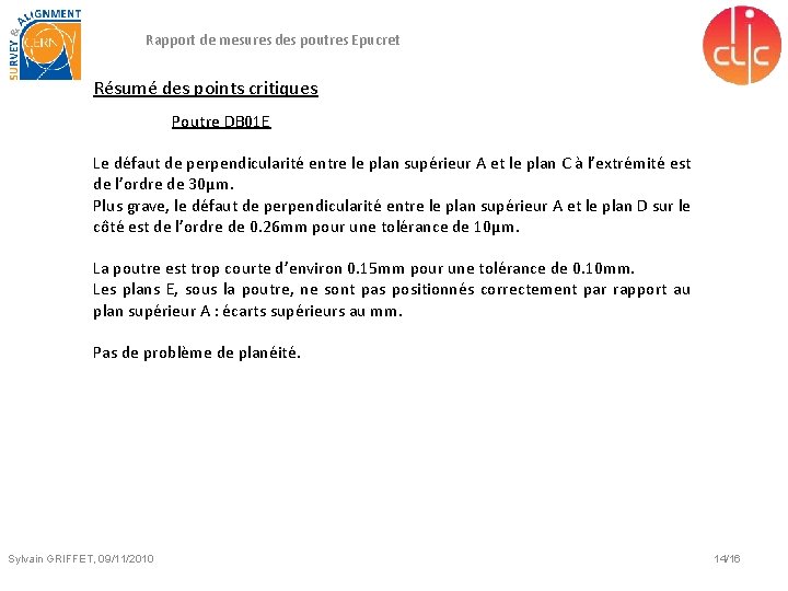 Rapport de mesures des poutres Epucret Résumé des points critiques Poutre DB 01 E