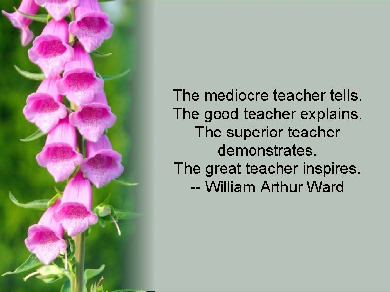 The mediocre teacher tells. The good teacher explains. The superior teacher demonstrates. The great