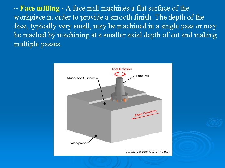 ~ Face milling - A face mill machines a flat surface of the workpiece