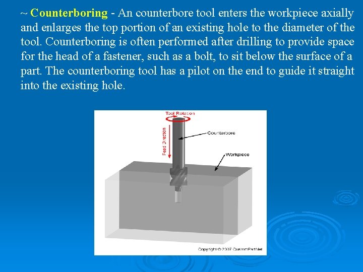 ~ Counterboring - An counterbore tool enters the workpiece axially and enlarges the top