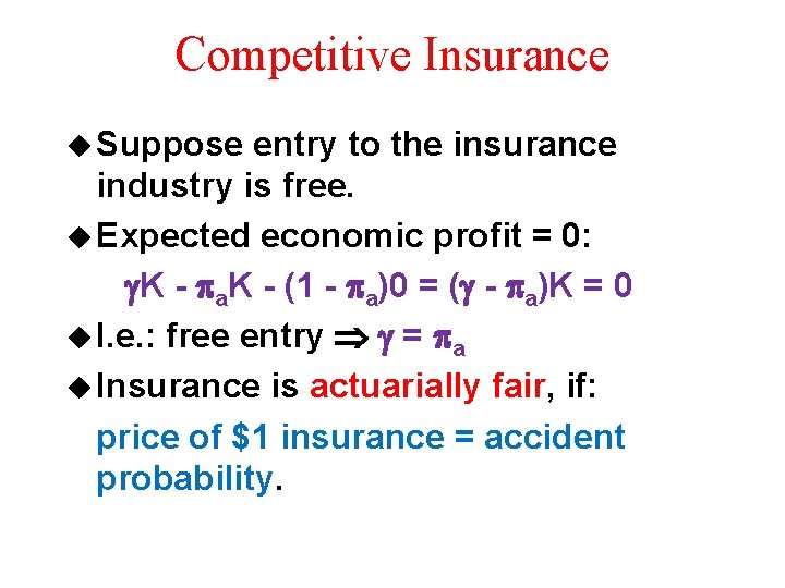 Competitive Insurance u Suppose entry to the insurance industry is free. u Expected economic