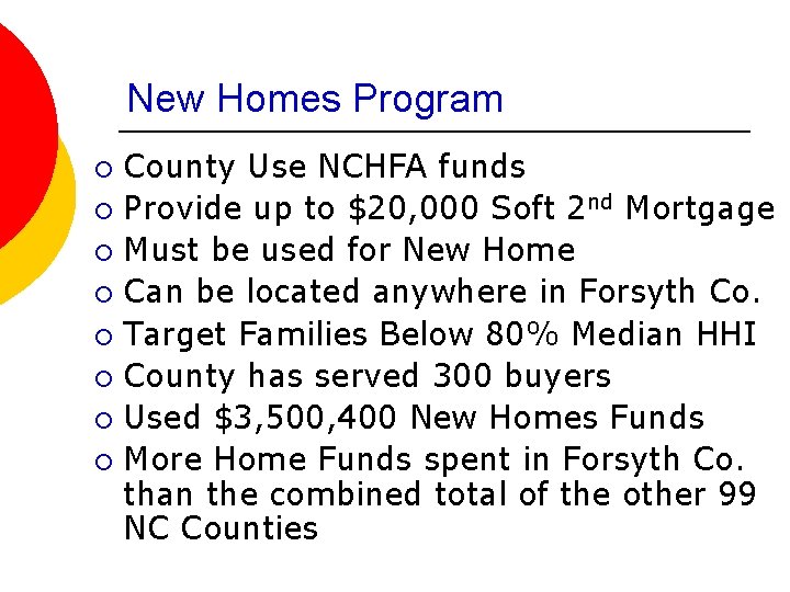 New Homes Program County Use NCHFA funds ¡ Provide up to $20, 000 Soft
