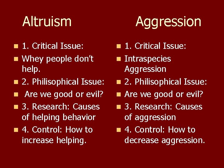 Altruism n n n 1. Critical Issue: Whey people don’t help. 2. Philisophical Issue: