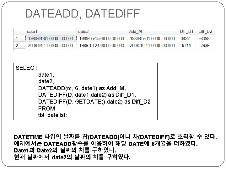 DATEADD, DATEDIFF SELECT date 1, date 2, DATEADD(m, 6, date 1) as Add_M, DATEDIFF(D,