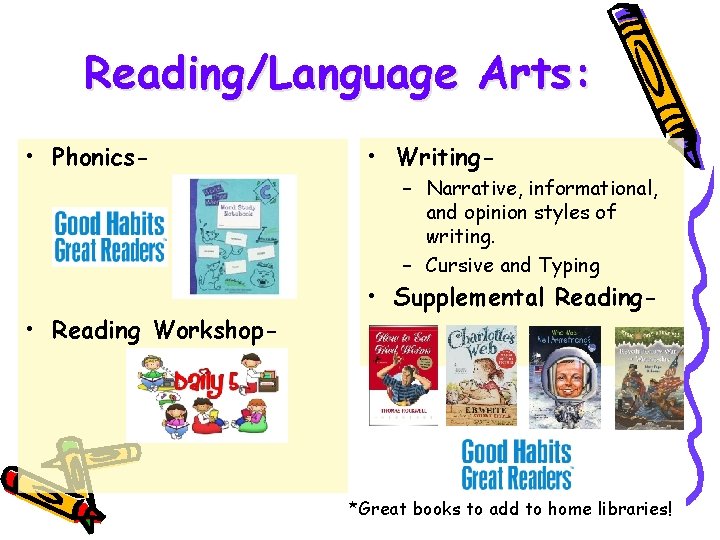 Reading/Language Arts: • Phonics- • Reading Workshop- • Writing– Narrative, informational, and opinion styles