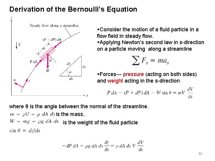 Derivation of the Bernoulli’s Equation §Consider the motion of a fluid particle in a