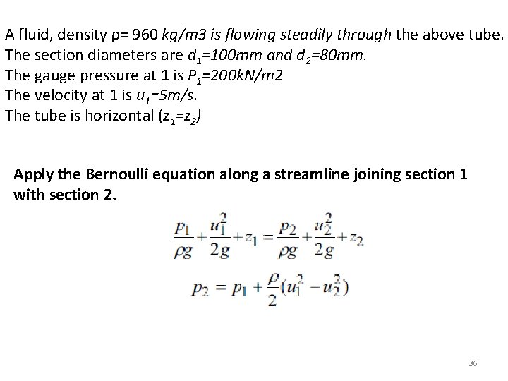 A fluid, density ρ= 960 kg/m 3 is flowing steadily through the above tube.