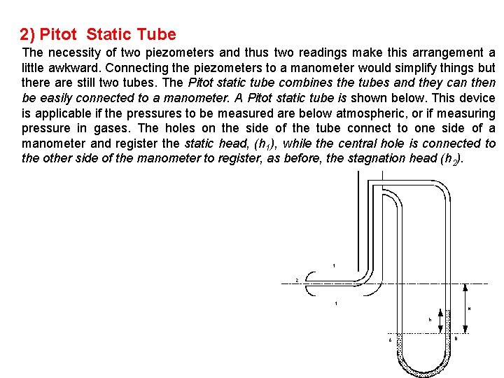 2) Pitot Static Tube The necessity of two piezometers and thus two readings make