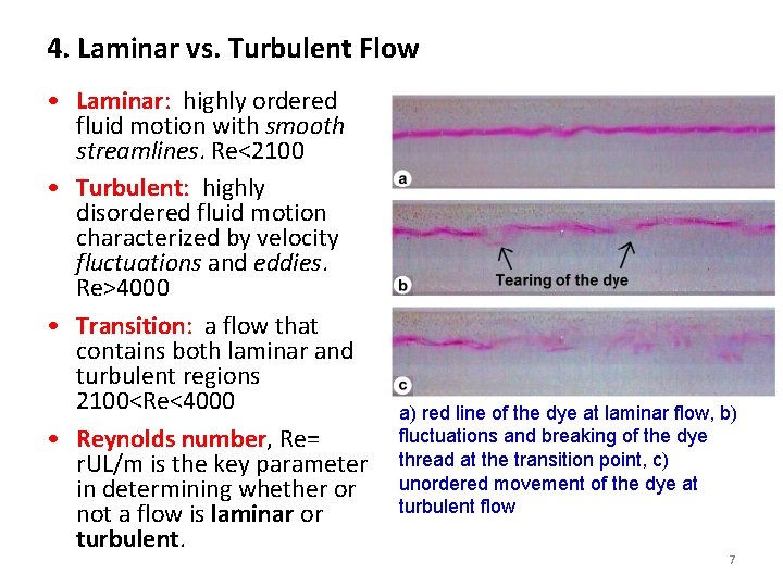 4. Laminar vs. Turbulent Flow • Laminar: highly ordered fluid motion with smooth streamlines.