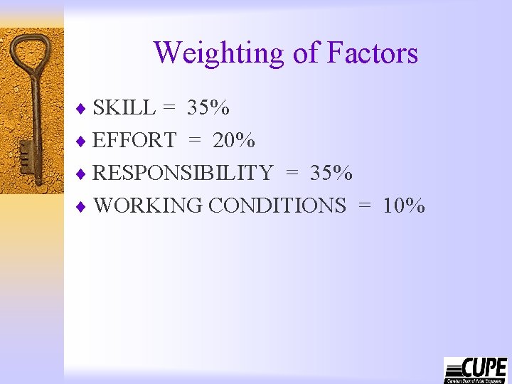 Weighting of Factors ¨ SKILL = 35% ¨ EFFORT = 20% ¨ RESPONSIBILITY =