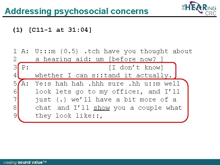 Addressing psychosocial concerns (1) [C 11 -1 at 31: 04] 1 A: U: :