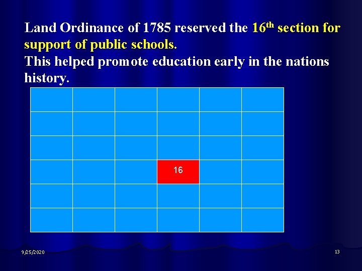 Land Ordinance of 1785 reserved the 16 th section for support of public schools.