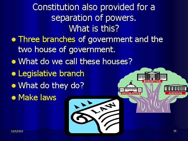 Constitution also provided for a separation of powers. What is this? l Three branches