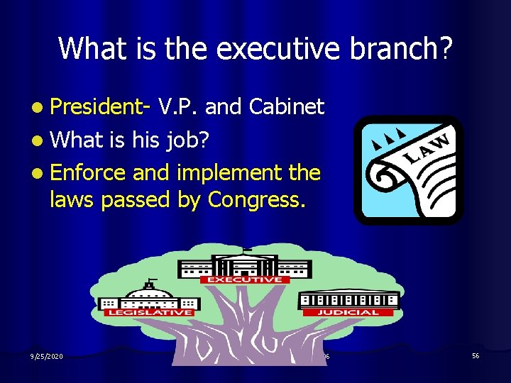 What is the executive branch? l President- V. P. and Cabinet l What is