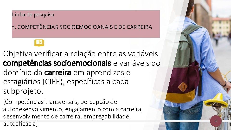 Linha de pesquisa 3. COMPETÊNCIAS SOCIOEMOCIOANAIS E DE CARREIRA Objetiva verificar a relação entre