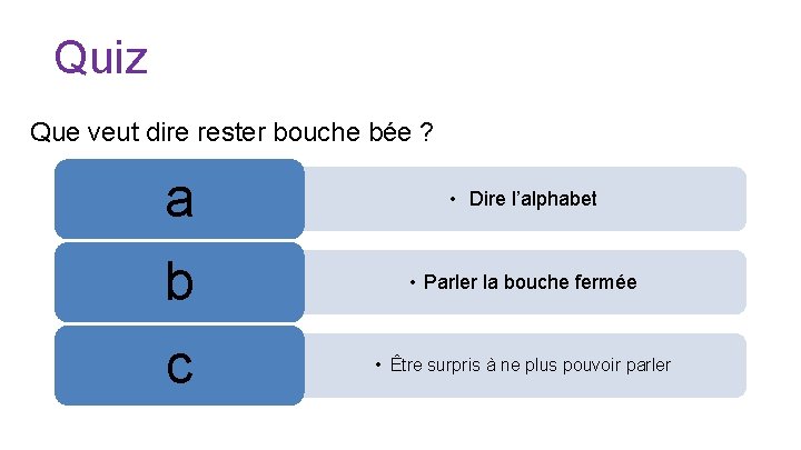 Quiz Que veut dire rester bouche bée ? a • Dire l’alphabet b •