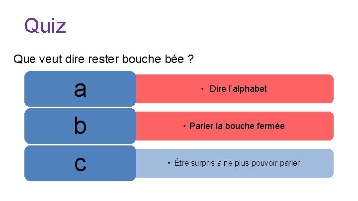 Quiz Que veut dire rester bouche bée ? a • Dire l’alphabet b •