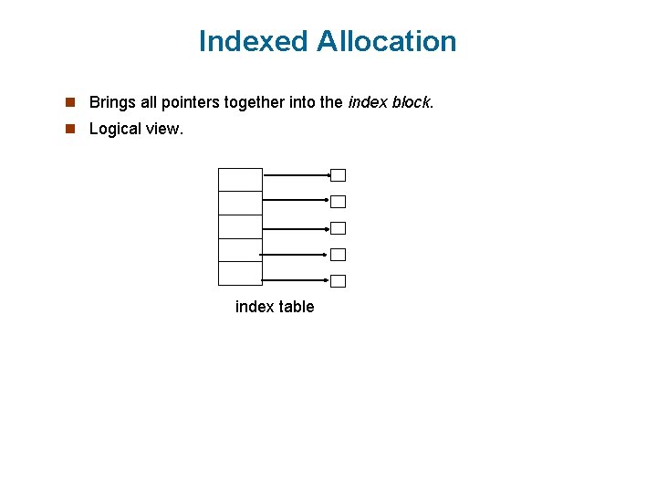 Indexed Allocation n Brings all pointers together into the index block. n Logical view.