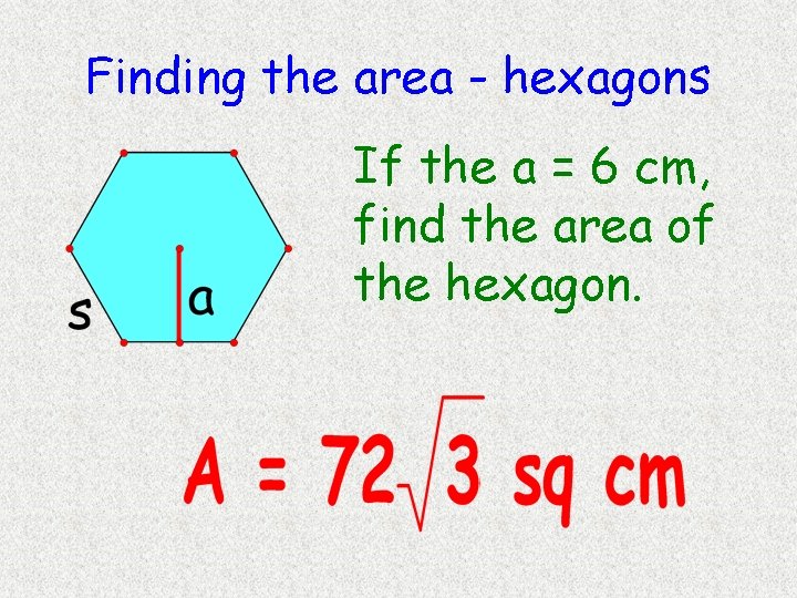 Finding the area - hexagons If the a = 6 cm, find the area Finding the area - hexagons If the a = 6 cm, find the area