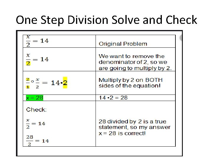 One Step Division Solve and Check 