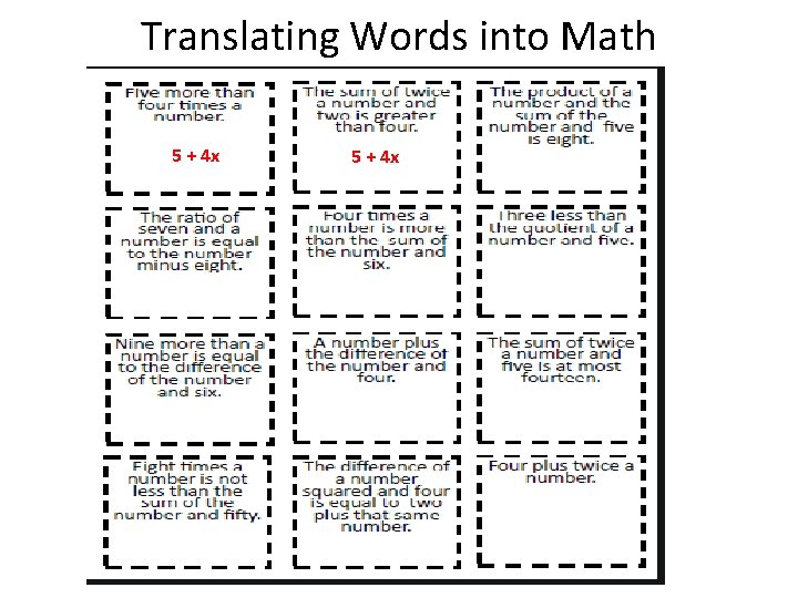 Translating Words into Math 5 + 4 x 