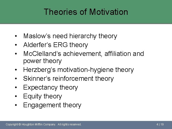 Theories of Motivation • Maslow’s need hierarchy theory • Alderfer’s ERG theory • Mc.