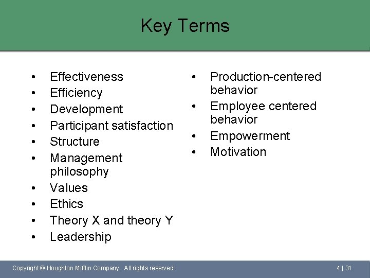 Key Terms • • • Effectiveness Efficiency Development Participant satisfaction Structure Management philosophy Values