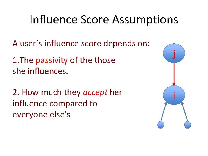 Influence Score Assumptions A user’s influence score depends on: 1. The passivity of the Influence Score Assumptions A user’s influence score depends on: 1. The passivity of the