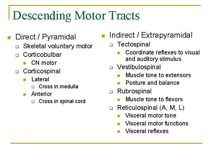 Descending Motor Tracts n Direct / Pyramidal q q Skeletal voluntary motor Corticobulbar n