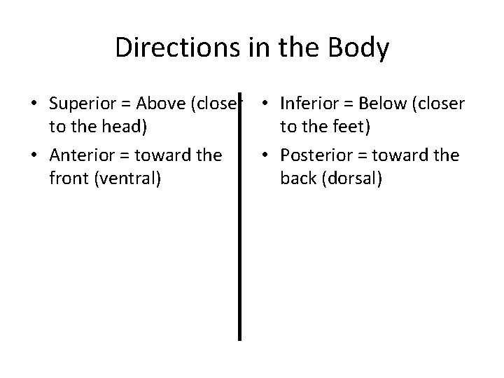 Directions in the Body • Superior = Above (closer • Inferior = Below (closer