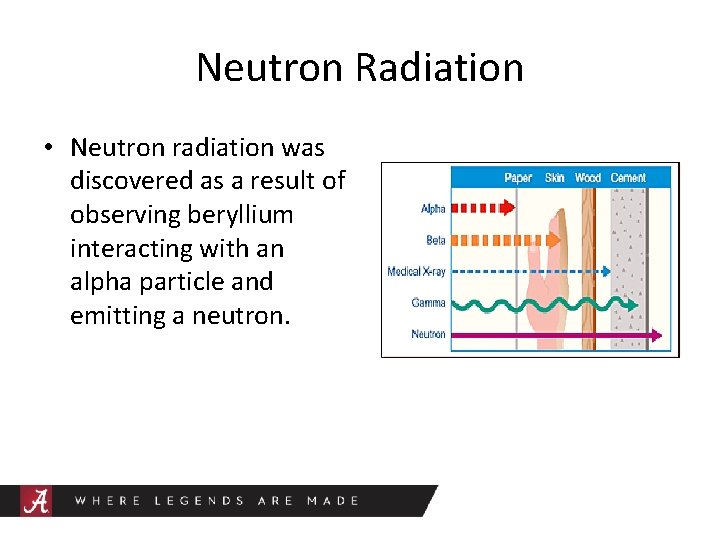 Neutron Radiation • Neutron radiation was discovered as a result of observing beryllium interacting