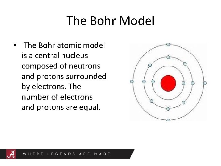 The Bohr Model • The Bohr atomic model is a central nucleus composed of
