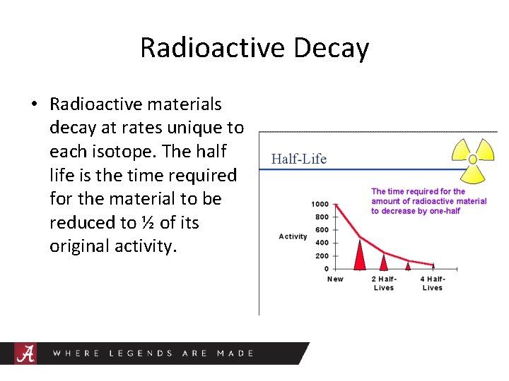 Radioactive Decay • Radioactive materials decay at rates unique to each isotope. The half