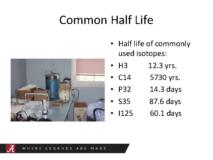 Common Half Life • Half life of commonly used isotopes: • H 3 12.