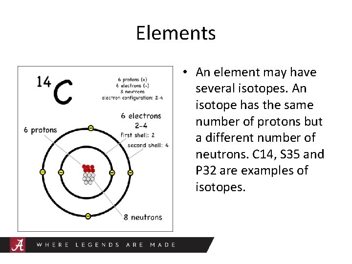 Elements • An element may have several isotopes. An isotope has the same number